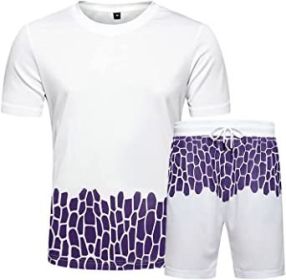 Men's Casual Crack Pattern Suits Fashion Short Sleeve T-Shirt And Shorts Loose Two-Piece Sets (Color: White-M)