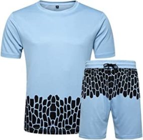 Men's Casual Crack Pattern Suits Fashion Short Sleeve T-Shirt And Shorts Loose Two-Piece Sets (Color: Blue-M)