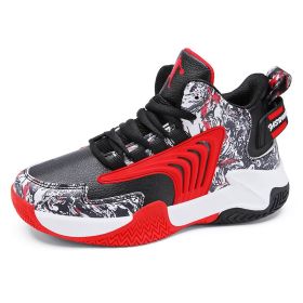 Boys Basketball Shoes High Quality Soft Top Thick Sole Non-slip Kids Sneakers Children Trainer Shoes Outdoor Boy Sport Basket (Color: Black red, size: 38)