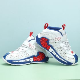 2022 New Fashion Kids Basketball Soft Shoes Waterproof Leather Boys Girls Sneakers Magic Buckle Non-slip Children Running Shoes (Color: White blue, size: 29)