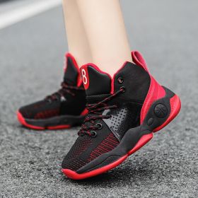 Boy Brand High Quality Thick Sole Mesh Kids Sneakers Boys Basketball Shoes Children Sport Shoes Boy Basket Ball Trainer Shoes (Color: Black red, size: 31)