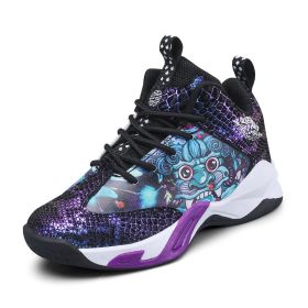 High Top boys Basketball Shoes Breathable Non-Slip Wearable Sneakers boys Gym Training Athletic Basket Shoes kids Unisex Shoes (Color: Black purple, size: 31)