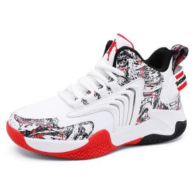 Boys Basketball Shoes High Quality Soft Top Thick Sole Non-slip Kids Sneakers Children Trainer Shoes Outdoor Boy Sport Basket (Color: White red, size: 34)