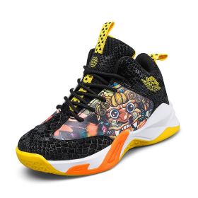 High Top boys Basketball Shoes Breathable Non-Slip Wearable Sneakers boys Gym Training Athletic Basket Shoes kids Unisex Shoes (Color: Black yellow, size: 33)