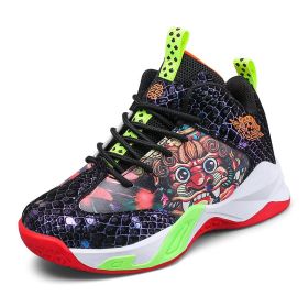 High Top boys Basketball Shoes Breathable Non-Slip Wearable Sneakers boys Gym Training Athletic Basket Shoes kids Unisex Shoes (Color: Black green, size: 36)