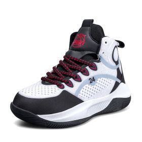 Children Basketball Sports Shoes Spring Autumn Boys High-top Sneakers Shock-Absorbant Grils Basketball Boots Training Sneakers (Color: Black and white, size: 35)