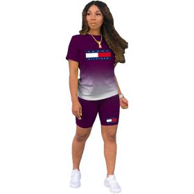 L284999-2 New Arrival Spring Summer Casual Print Letter Gradient Color Sports Short Set (Color: Purple, size: XXL)