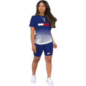 L284999-5 New Arrival Spring Summer Casual Print Letter Gradient Color Sports Short Set (Color: Blue, size: M)