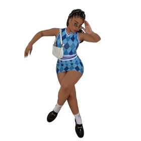 L285239-3 Sexy High Quality Cheap Two Piece Casual Sports Sleeveless Skirt Set (Color: Blue, size: L)