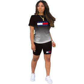 L284999-4 New Arrival Spring Summer Casual Print Letter Gradient Color Sports Short Set (Color: Black, size: L)