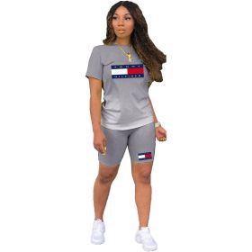 L284999-3 New Arrival Spring Summer Casual Print Letter Gradient Color Sports Short Set (Color: GRAY, size: M)