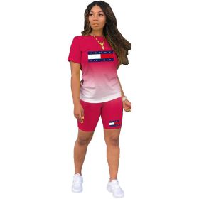 L284999-1 New Arrival Spring Summer Casual Print Letter Gradient Color Sports Short Set (Color: Red, size: M)