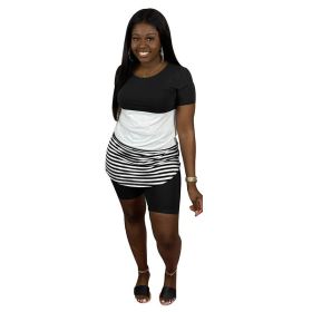 Casual Color Block Stitching Striped Sports Shorts Set (Color: Black, size: L)