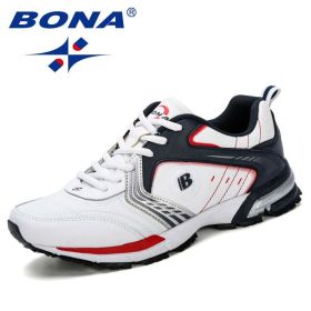 BONA Running Shoes Men Fashion Outdoor Light Breathable Sneakers Man Lace-Up Sports Walking Jogging Shoes Man Comfortable (Color: White deep blue red, Shoe Size: 8.5)